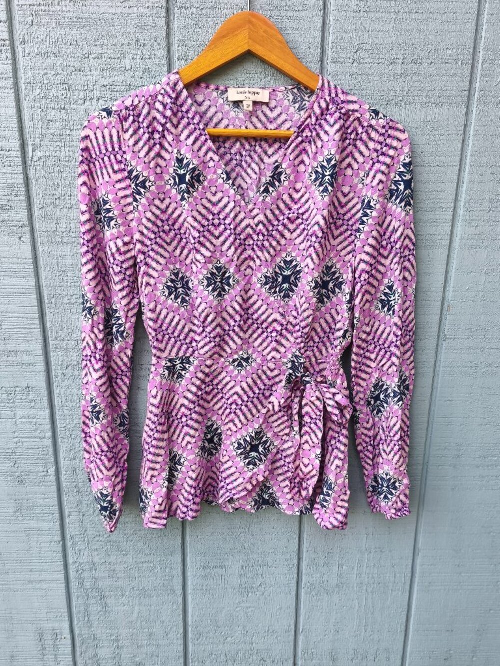 Haute Hippie Abstract Printed Boho Wrap Blouse sz XS Purple Feminine Flirty